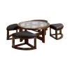 Gracious Round Wooden Coffee Table With Stylish Wedge Shaped 4 Ottomans
