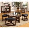 Gracious Round Wooden Coffee Table With Stylish Wedge Shaped 4 Ottomans
