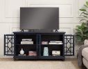 Wooden TV Stand With Trellis Detailed Doors, Blue
