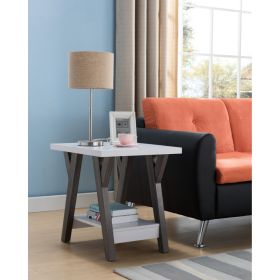 22 Inch Two Tone End Table with Bottom Shelf, White and Gray