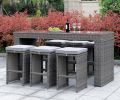 6 Piece Patio Bar Stool In Aluminum Wicker Frame And Padded Fabric Seat, Gray