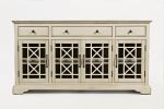 Koi 60 Inch Acacia Wood Sideboard Buffet TV Entertainment Console, 4 Fretwork Glass Doors, Antique White