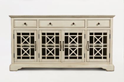 Koi 60 Inch Acacia Wood Sideboard Buffet TV Entertainment Console, 4 Fretwork Glass Doors, Antique White