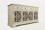 Koi 60 Inch Acacia Wood Sideboard Buffet TV Entertainment Console, 4 Fretwork Glass Doors, Antique White