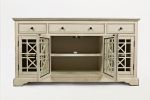 Koi 60 Inch Acacia Wood Sideboard Buffet TV Entertainment Console, 4 Fretwork Glass Doors, Antique White