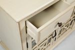 Koi 60 Inch Acacia Wood Sideboard Buffet TV Entertainment Console, 4 Fretwork Glass Doors, Antique White