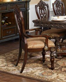 Fabric Upholstered Wooden Arm Chair With Intricate Back, Set of 2 , Cherry Brown