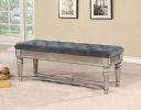 Traditional Style Solid Wooden Bench with Tufted Seat, Silver and Blue