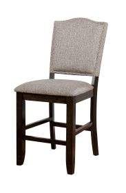 Fabric Upholstered Wooden Counter Height Chair with Camelback, Pack of Two, Gray and Brown