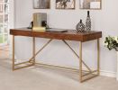Modern Style Wooden Writing Desk with Unique Metal Legs, Walnut Brown and Gold