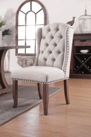 Button Tufted Fabric Upholstery Wingback Chair, Cream And Brown, Pack Of Two