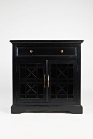 Craftsman Series 32 Inch Wooden Accent Cabinet with Fretwork Glass Front, Black