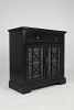 Craftsman Series 32 Inch Wooden Accent Cabinet with Fretwork Glass Front, Black