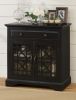 Craftsman Series 32 Inch Wooden Accent Cabinet with Fretwork Glass Front, Black