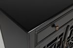 Craftsman Series 32 Inch Wooden Accent Cabinet with Fretwork Glass Front, Black