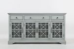 Koi 60 Inch Acacia Wood TV Media Entertainment Center Console, 4 Glass Doors, Crossed Wood Design, Dove Gray
