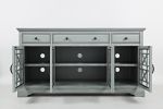 Koi 60 Inch Acacia Wood TV Media Entertainment Center Console, 4 Glass Doors, Crossed Wood Design, Dove Gray