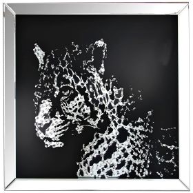 Square Shape Mirror framed Leopard Wall Dâ€¹Â¨Â«cor With Crystal Inlays, Black & Silver