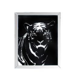 Rectangular Mirror framed Tiger Wall Dâ€¹Â¨Â«cor With Crystal Inlays, Black & Silver
