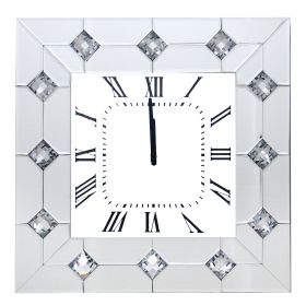 Mirrored Square Shape Wooden Analog Wall Clock With Crystal Accents, White