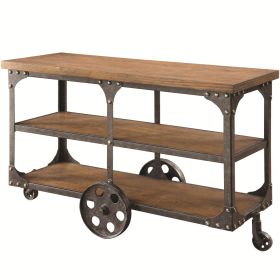 Industrial Style Solid Wooden Sofa Table With Metal Accents & Wheels, Brown
