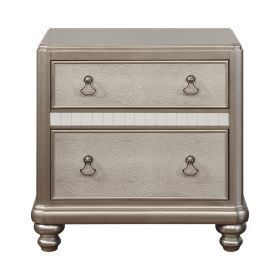 Mirror Trim Accented Nightstand with Two Drawers and Turned Legs, Silver