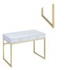 Rectangular Two Drawer Wooden Desk With Metal Sled Legs, White And Gold