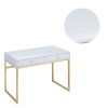 Rectangular Two Drawer Wooden Desk With Metal Sled Legs, White And Gold