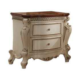 Two Drawer Nightstand With Cabriole Legs, Antique Pearl & Cherry Oak