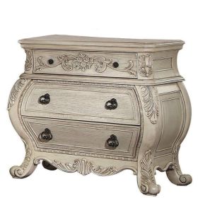 Three Drawer Wooden Nightstand With Scrolled Feet, Antique White
