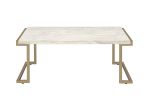 Faux Marble Top Coffee Table With Metal Base, White And Gold