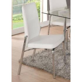 Metal Dining Chair, Vegan Faux Leather, Set of 2, White, Chrome