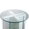 Round Mirrored Metal End Table with Glass Top and Crystal Accent Base, Silver