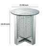 Round Mirrored Metal End Table with Glass Top and Crystal Accent Base, Silver