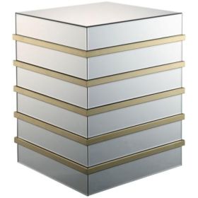 Square Shape Mirror End Table with Geometric Base, Gold and Mirror