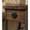 Rectangular Wood and Metal Side Table with USB Outlet, Brown and Gray