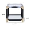 Modern Style Square Metal and Glass End Table With Bottom Shelf, Black and Gold