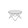 Contemporary Style Round Glass and Metal Coffee Table, White and Gold