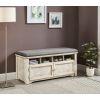 Spacious Wooden Shoe Bench with Linen Upholstered Cushioned Seat, White and Gray