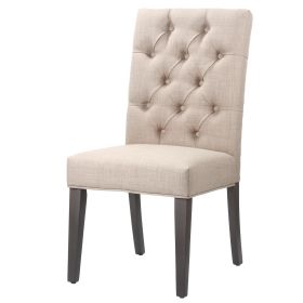 Fabric Upholstered Wooden Chair with Button Tufting, Set of 2, Beige and Black