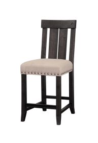 Wooden Counter Height Stool with Fabric Upholstered Seat and Slat Style Back,Set of 2, Black & Beige