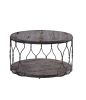 Industrial Style Round Metal and Solid Wood Coffee Table with Open Bottom Shelf, Gray and Brown