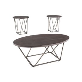 Elm Wood Table Set with Bridge Truss Metal Base, Set of Three, Brown and Gray
