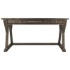 Three Drawer Wooden Desk with Cross Brace Stretcher and Faux Bluestone Top, Gray