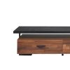 Metal Framed Wooden TV Stand Straight with Two Drawers and Open Shelf, Black and Brown