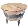 26 inch Accent Round Cocktail Table, Tub Like Iron Base, Brown, Gray, Washed White