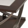 Glass Inserted Wooden Coffee Table with Open Shelve and Castors, Brown and Black