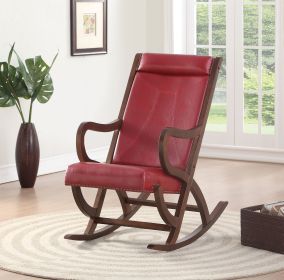 Faux Leather Upholstered Wooden Rocking Chair with Looped Arms, Brown and Red