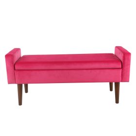 Velvet Upholstered Wooden Bench with Tapered Legs and Track Armrest, Pink and Brown