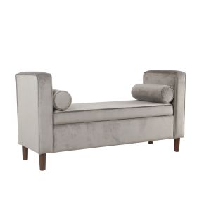 Velvet Upholstered Wooden Bench with Lift Top Storage and Two Bolster Pillows, Gray